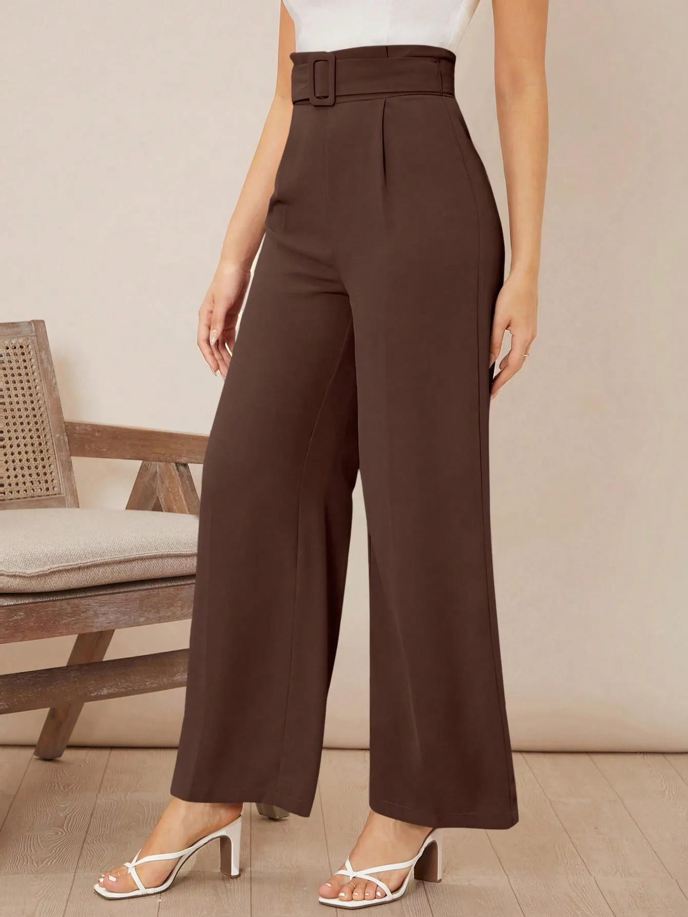 Solid Belted Wide Leg Pants
