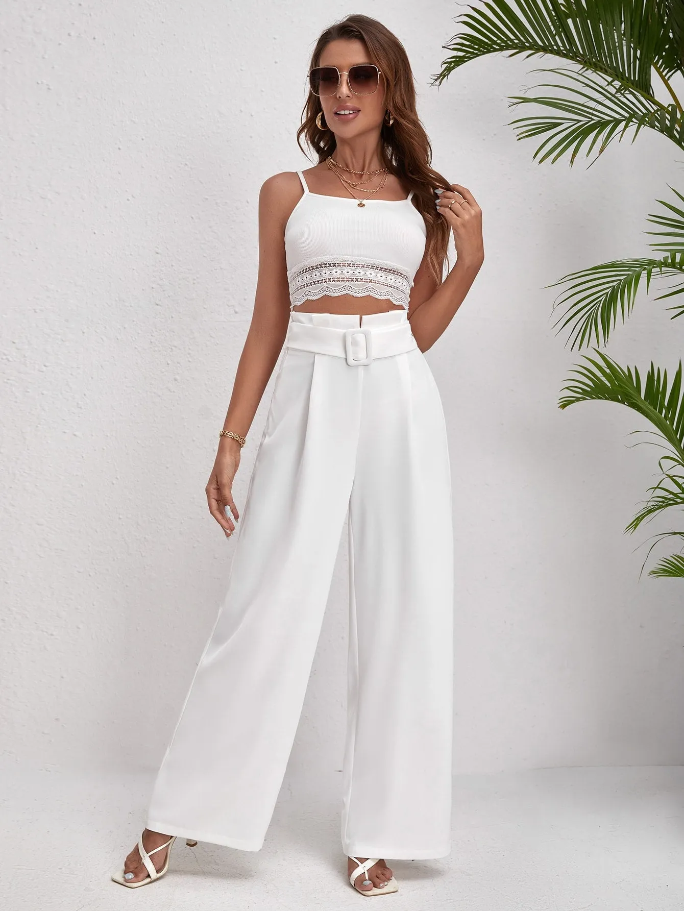 Solid Belted Wide Leg Pants