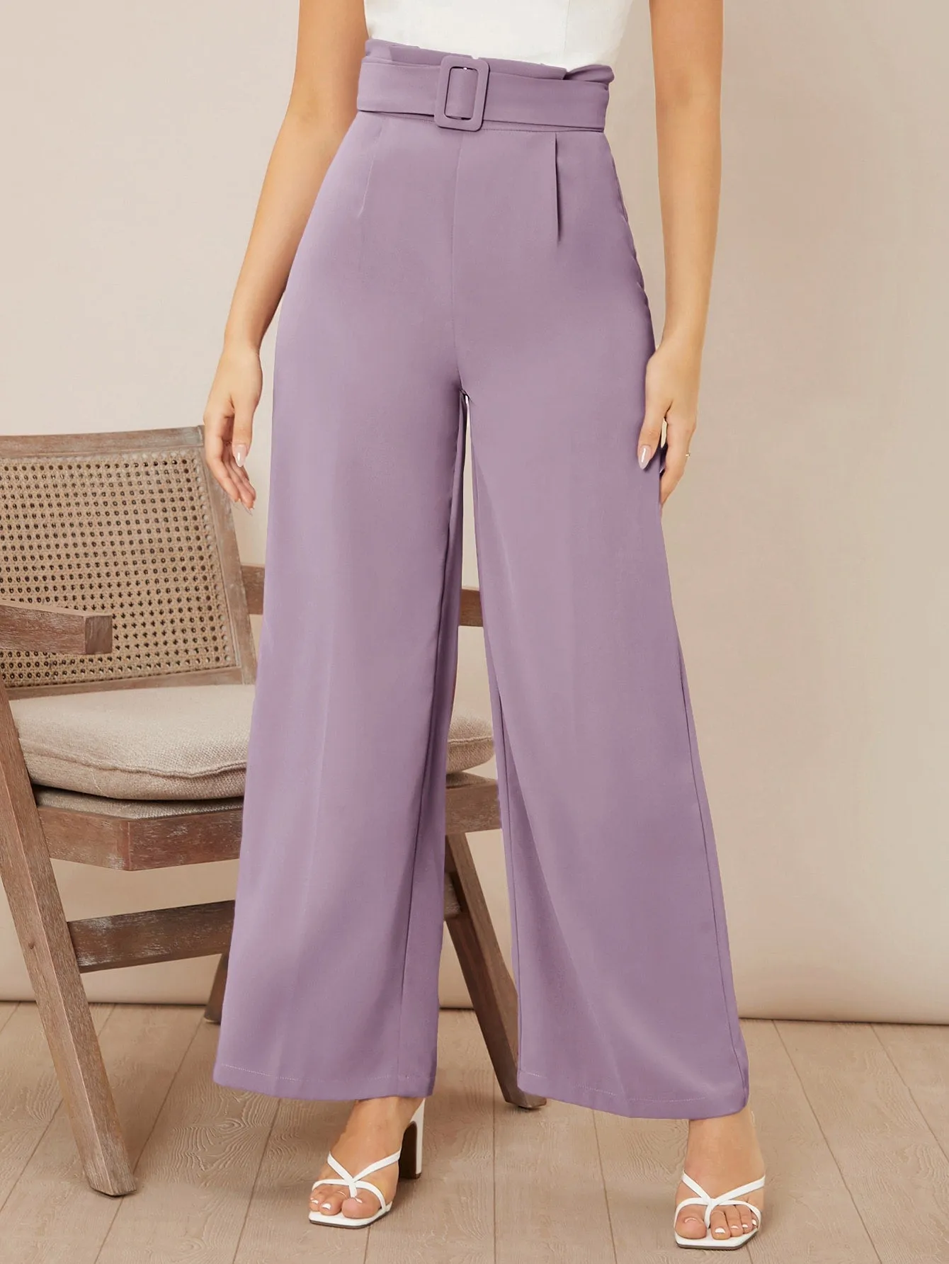 Solid Belted Wide Leg Pants