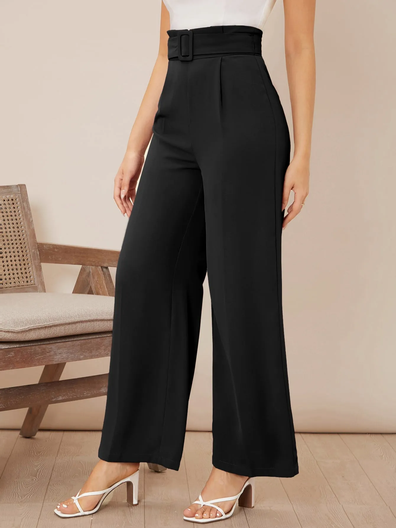 Solid Belted Wide Leg Pants