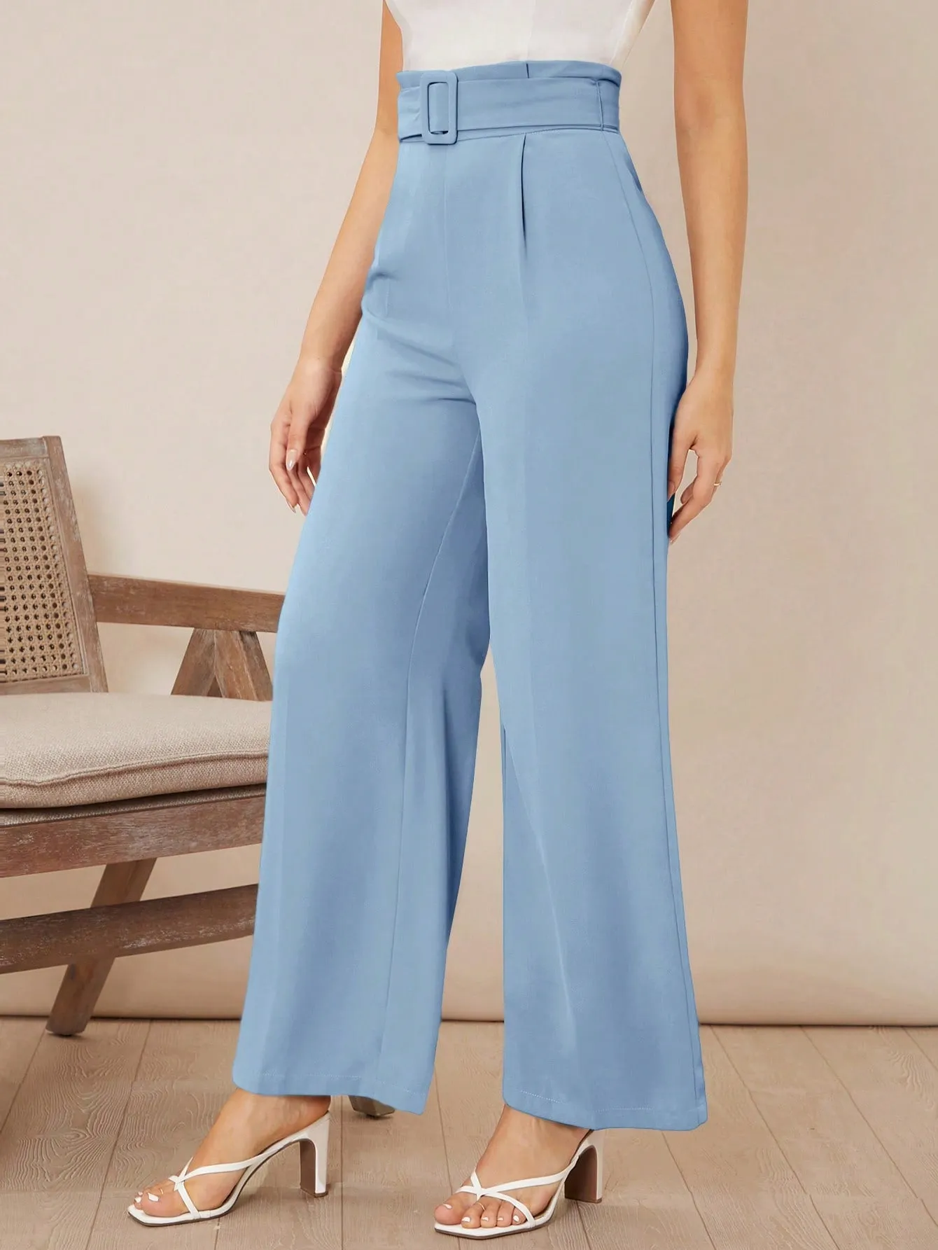 Solid Belted Wide Leg Pants