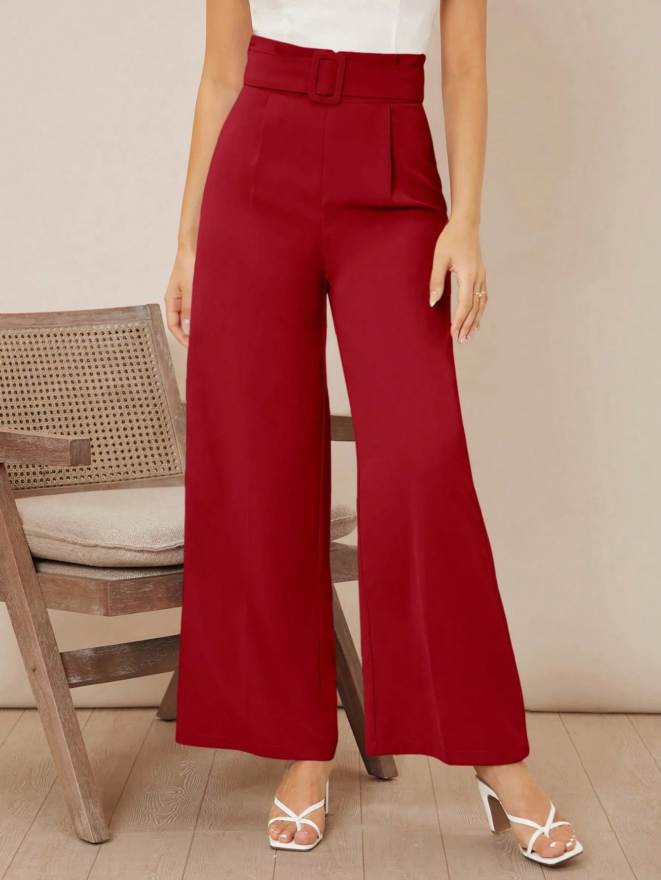 Solid Belted Wide Leg Pants