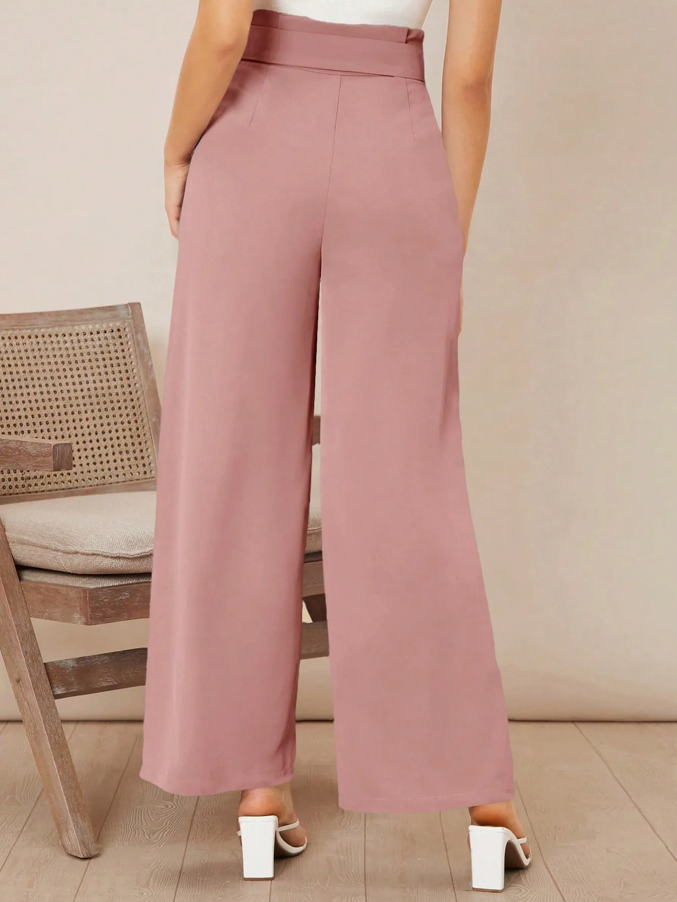 Solid Belted Wide Leg Pants