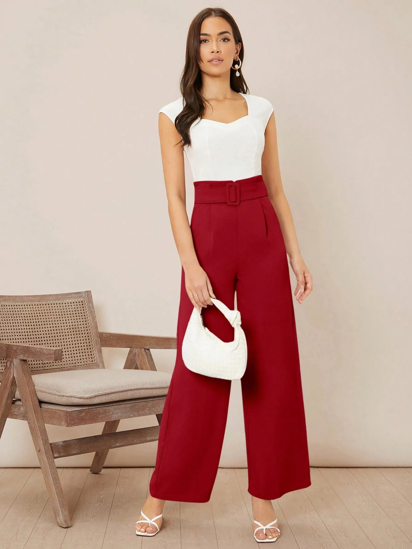 Solid Belted Wide Leg Pants