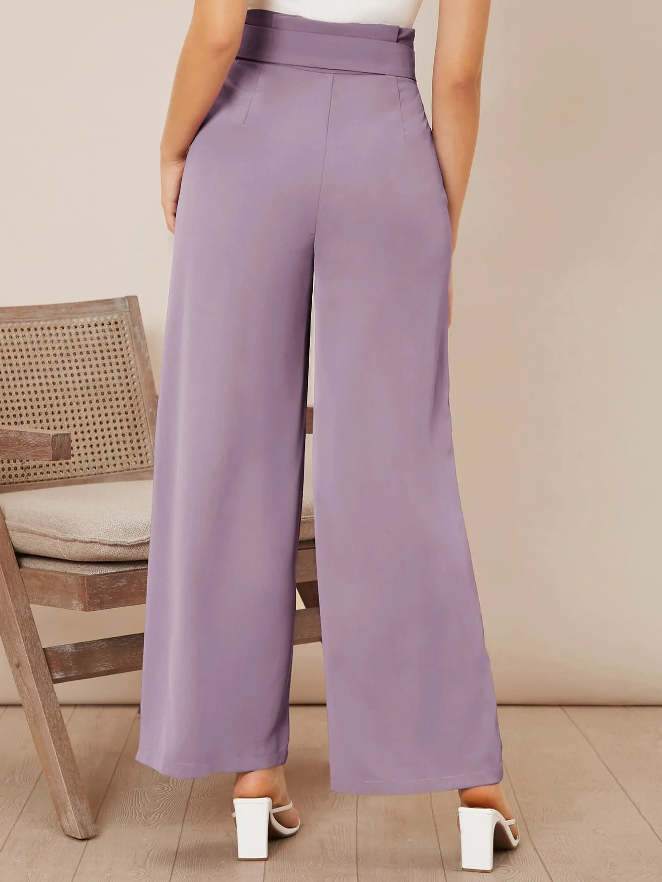 Solid Belted Wide Leg Pants