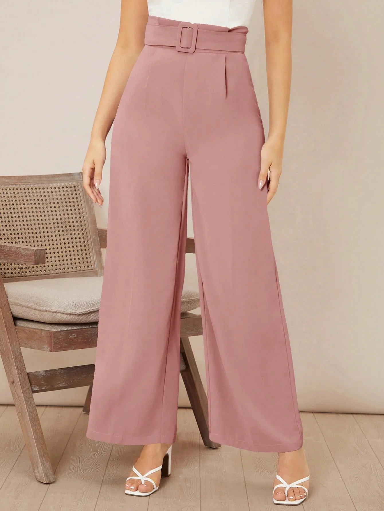 Solid Belted Wide Leg Pants