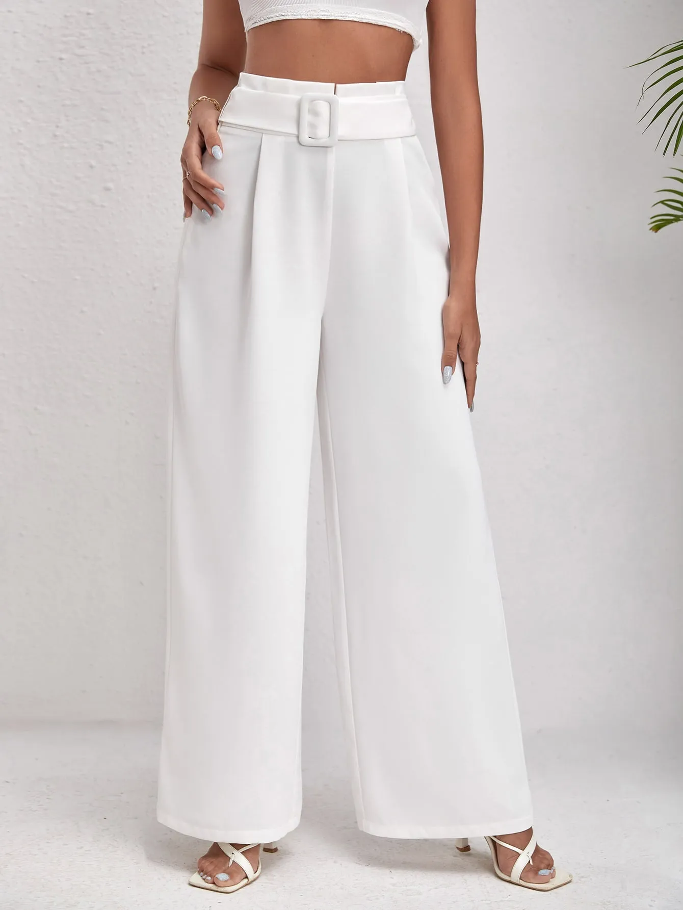Solid Belted Wide Leg Pants