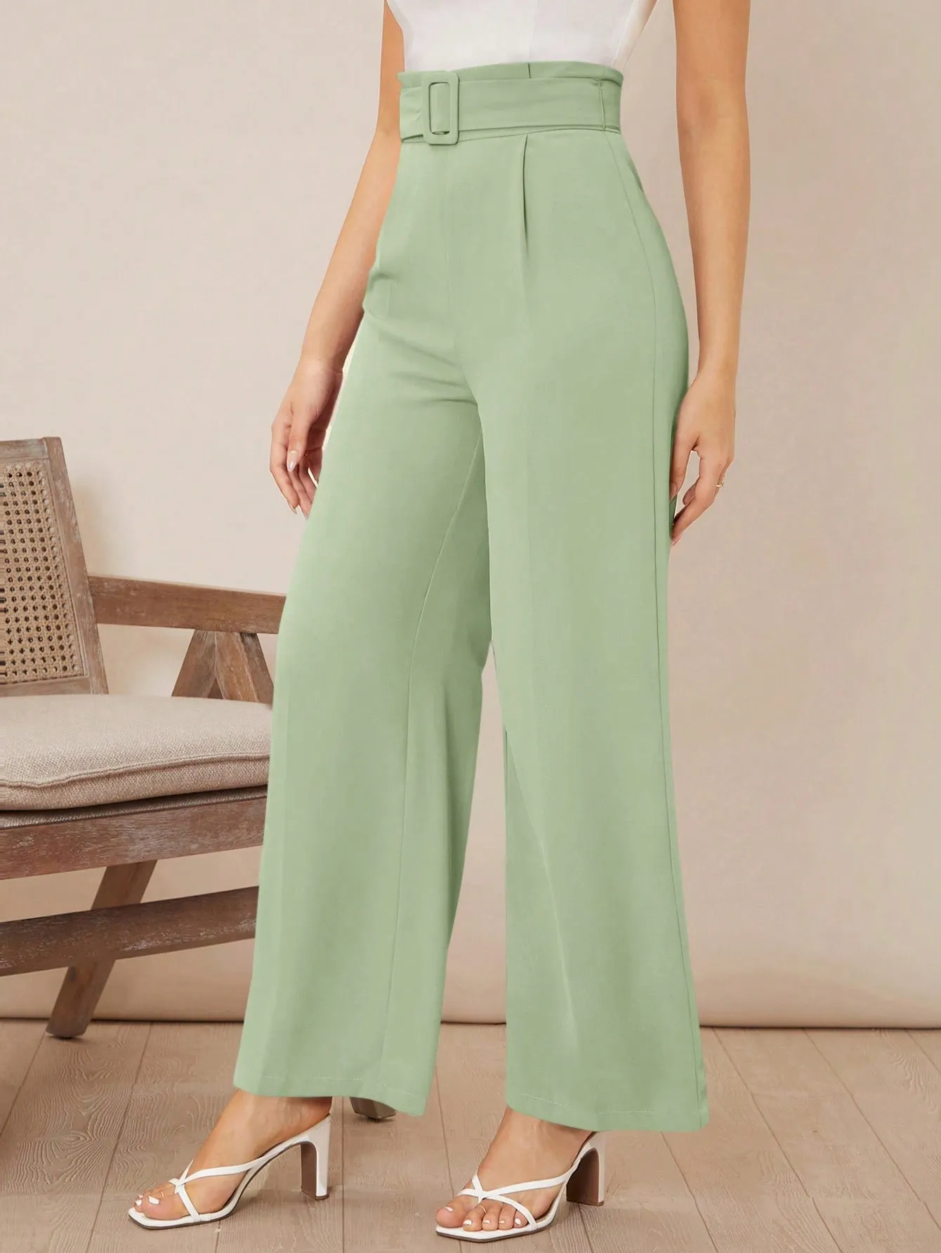 Solid Belted Wide Leg Pants
