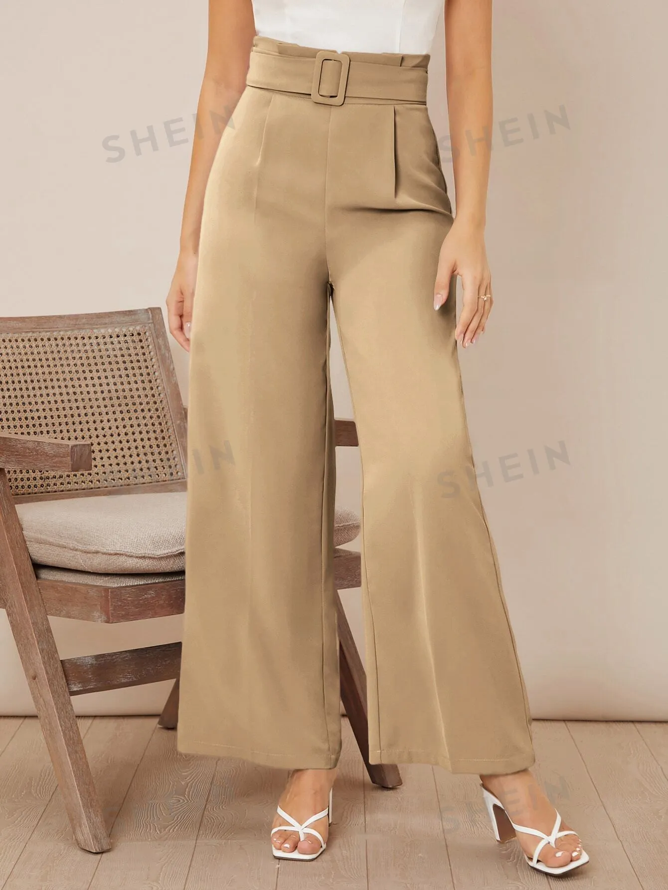 Solid Belted Wide Leg Pants