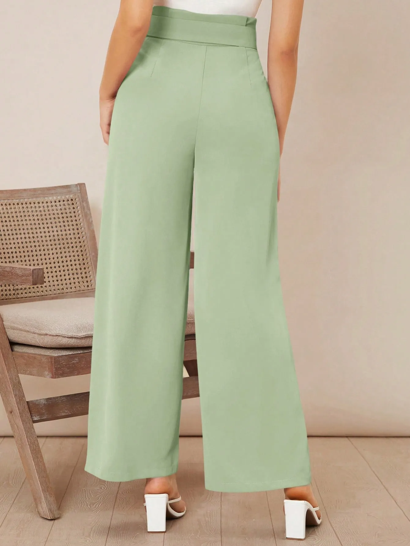 Solid Belted Wide Leg Pants