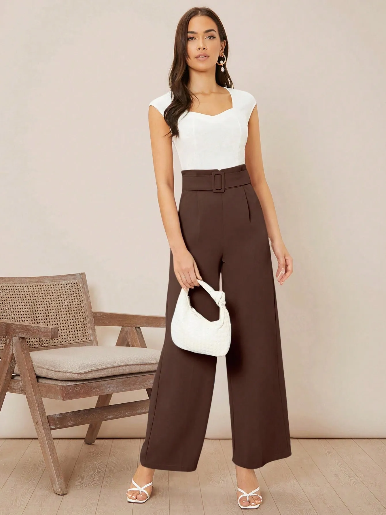 Solid Belted Wide Leg Pants