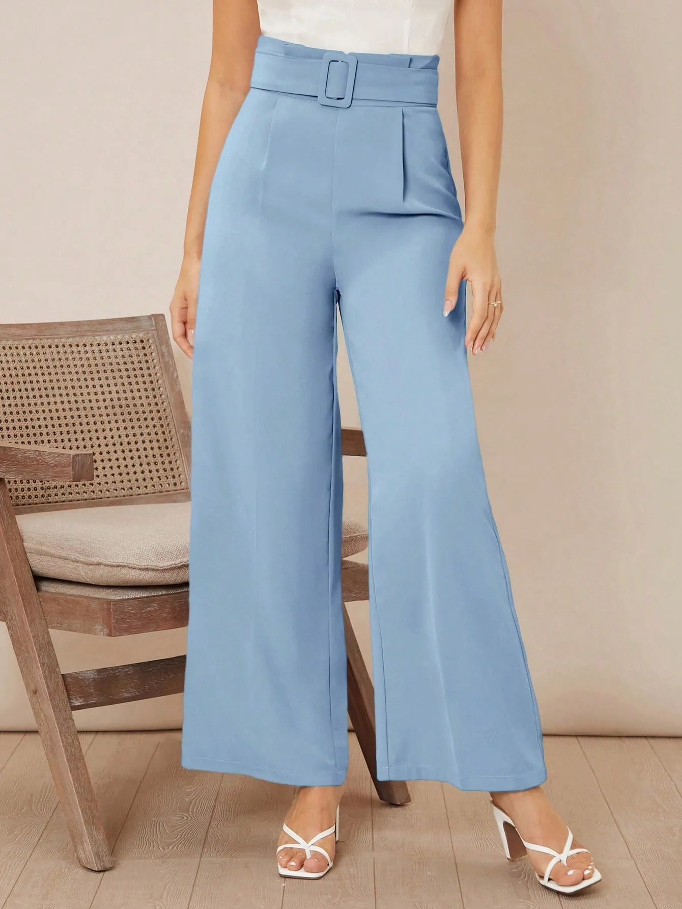 Solid Belted Wide Leg Pants