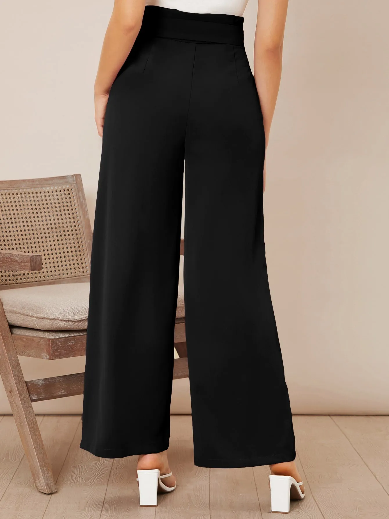 Solid Belted Wide Leg Pants