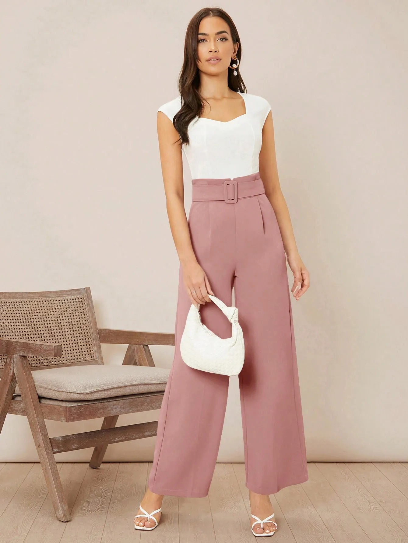 Solid Belted Wide Leg Pants