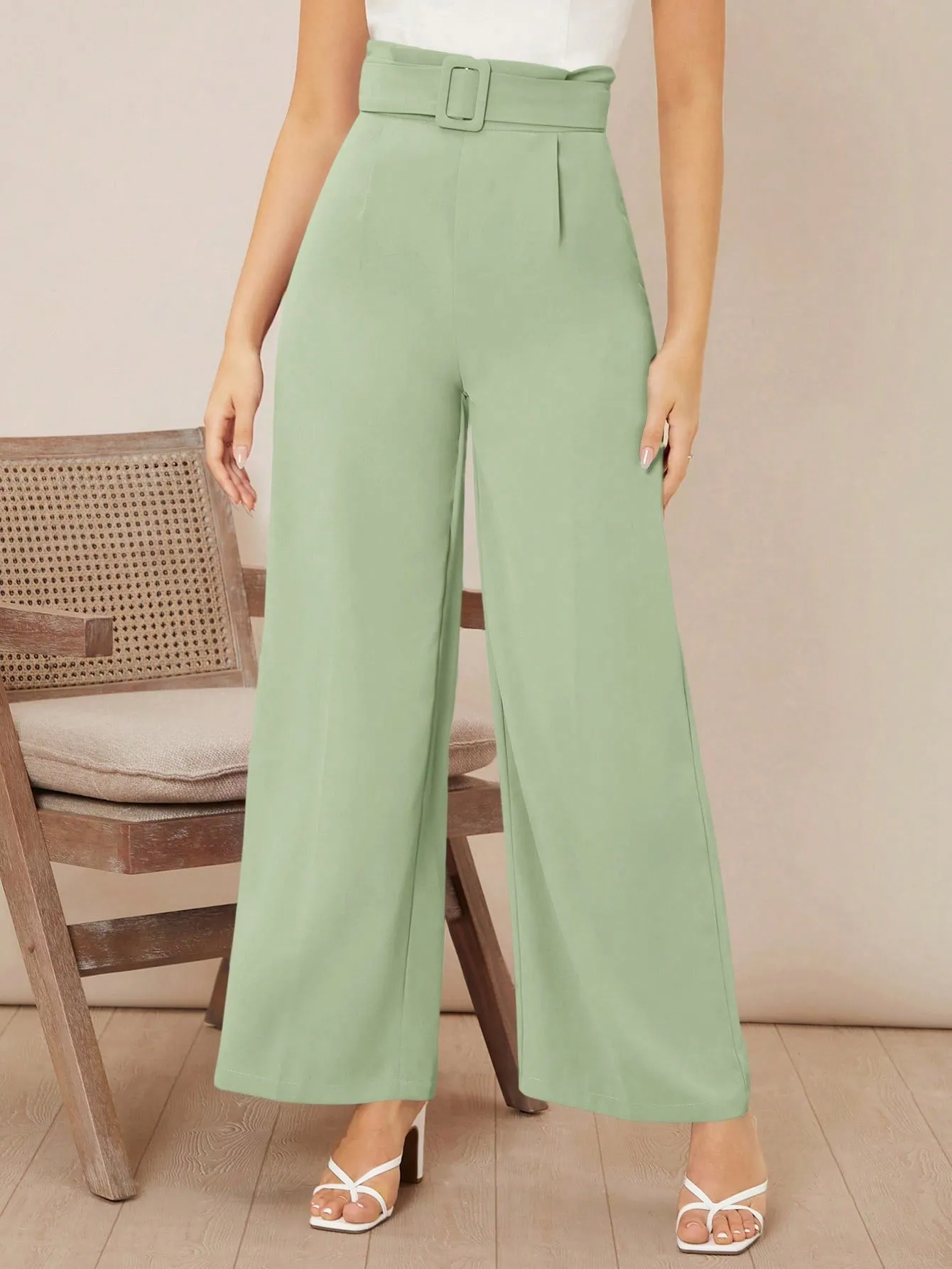 Solid Belted Wide Leg Pants