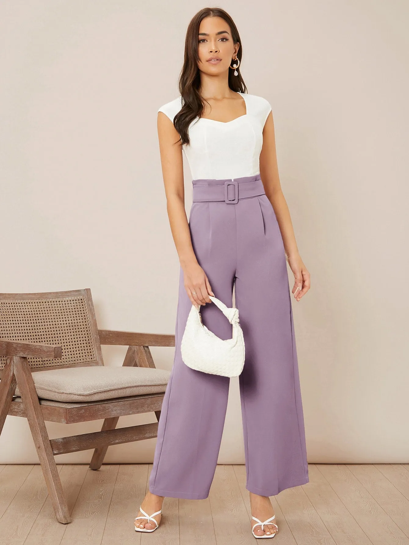 Solid Belted Wide Leg Pants