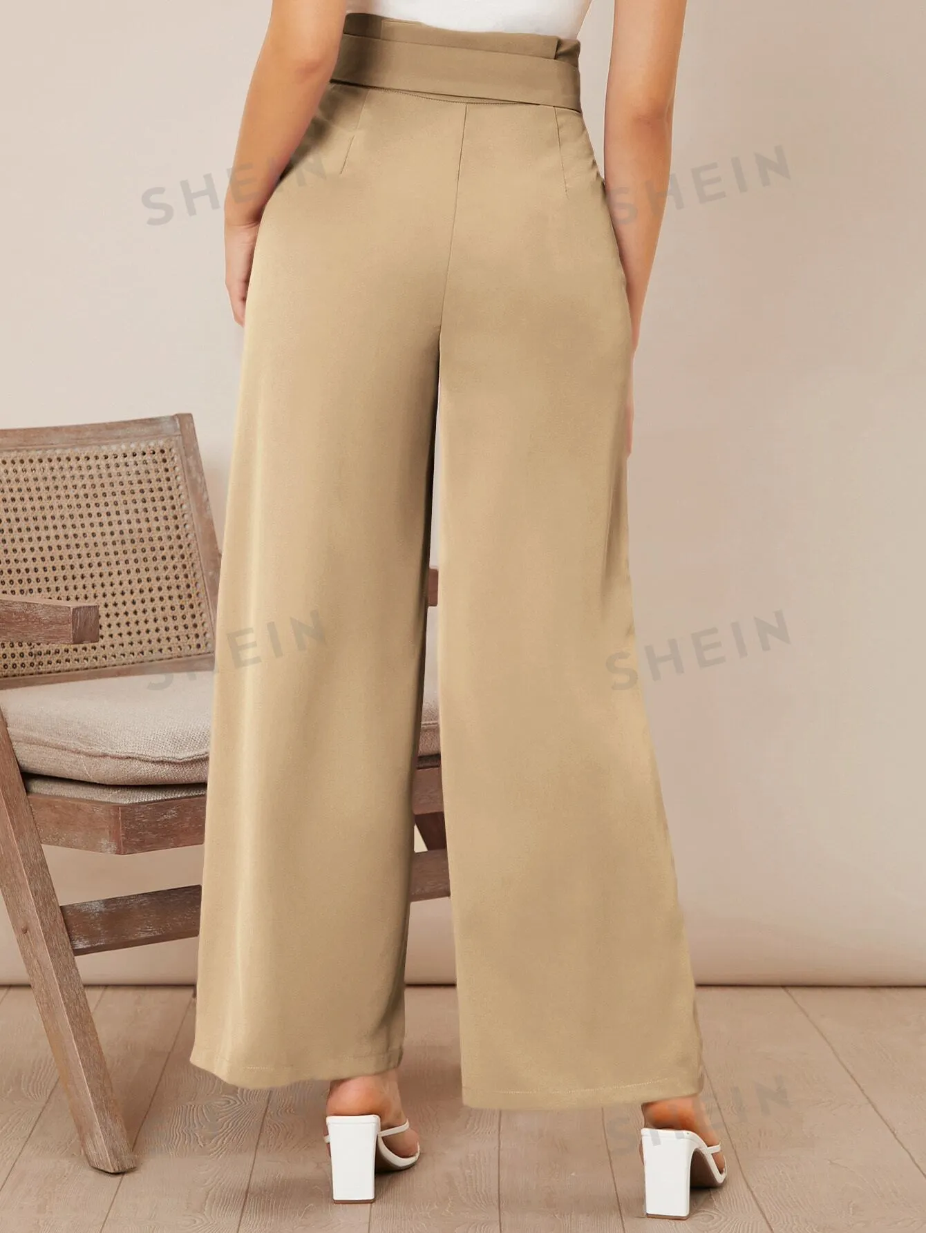 Solid Belted Wide Leg Pants