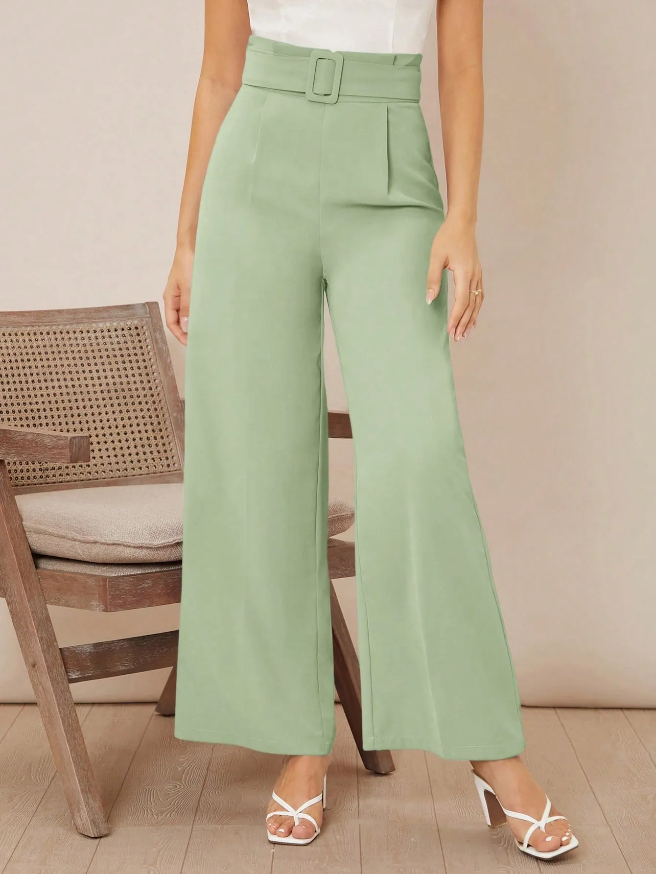 Solid Belted Wide Leg Pants