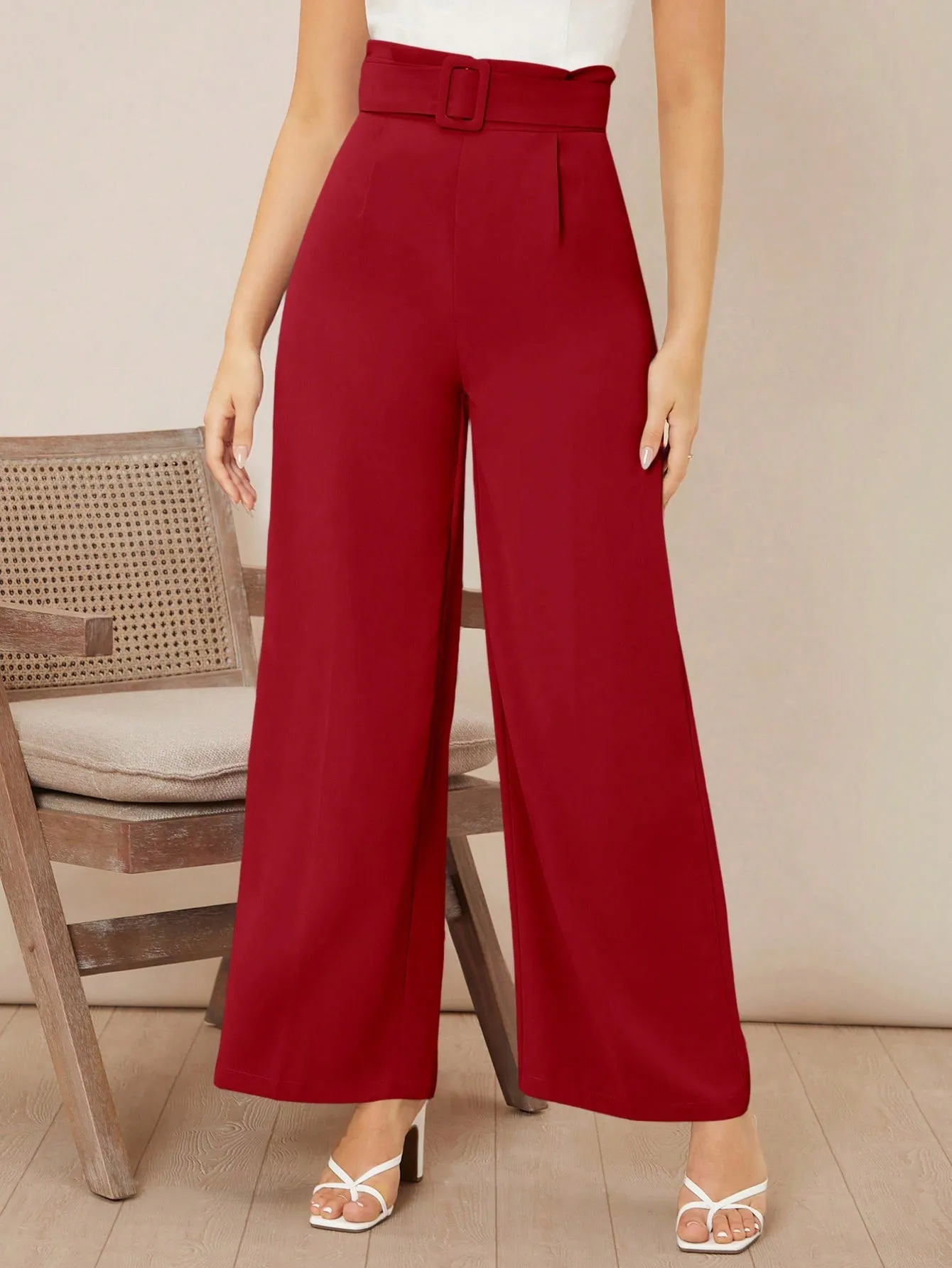 Solid Belted Wide Leg Pants