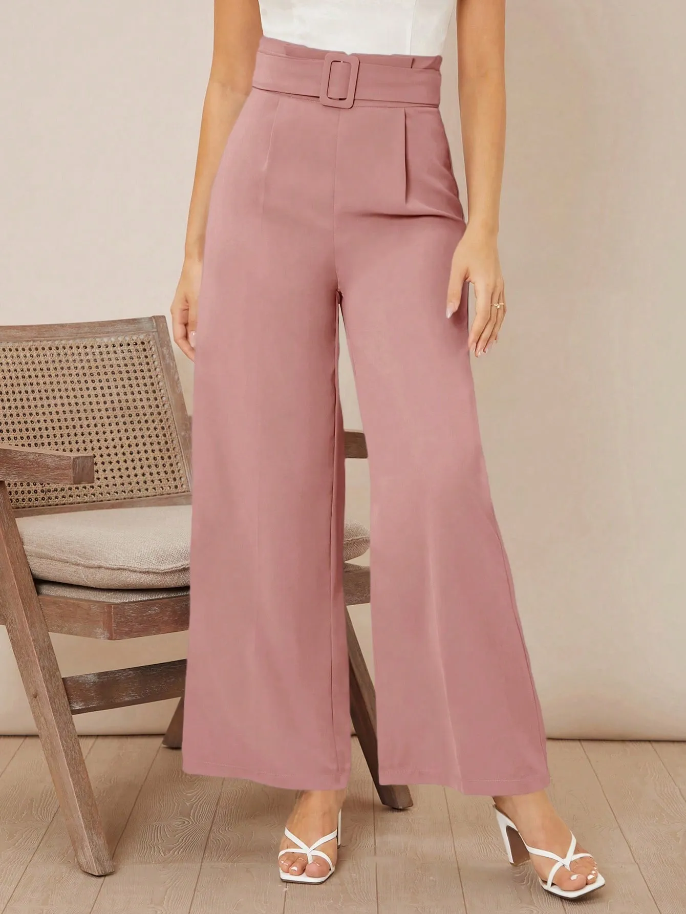 Solid Belted Wide Leg Pants