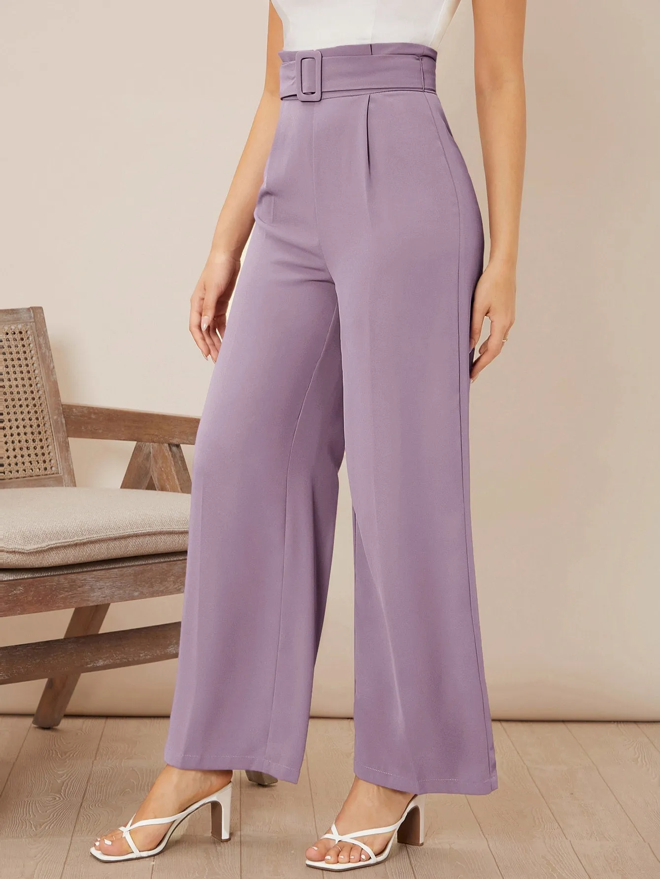 Solid Belted Wide Leg Pants
