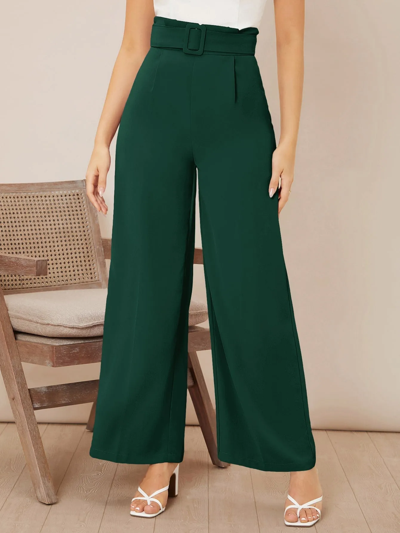 Solid Belted Wide Leg Pants