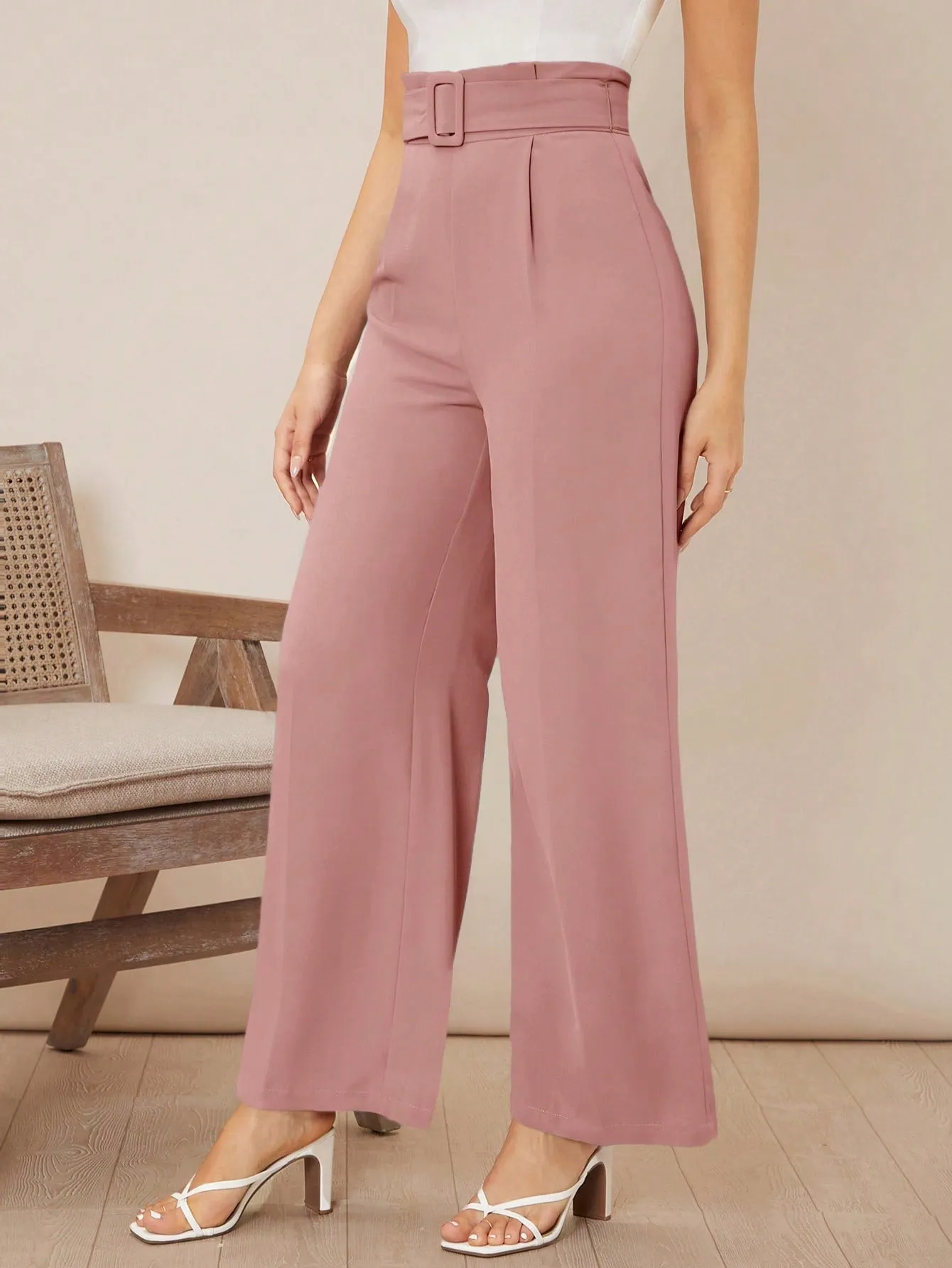 Solid Belted Wide Leg Pants