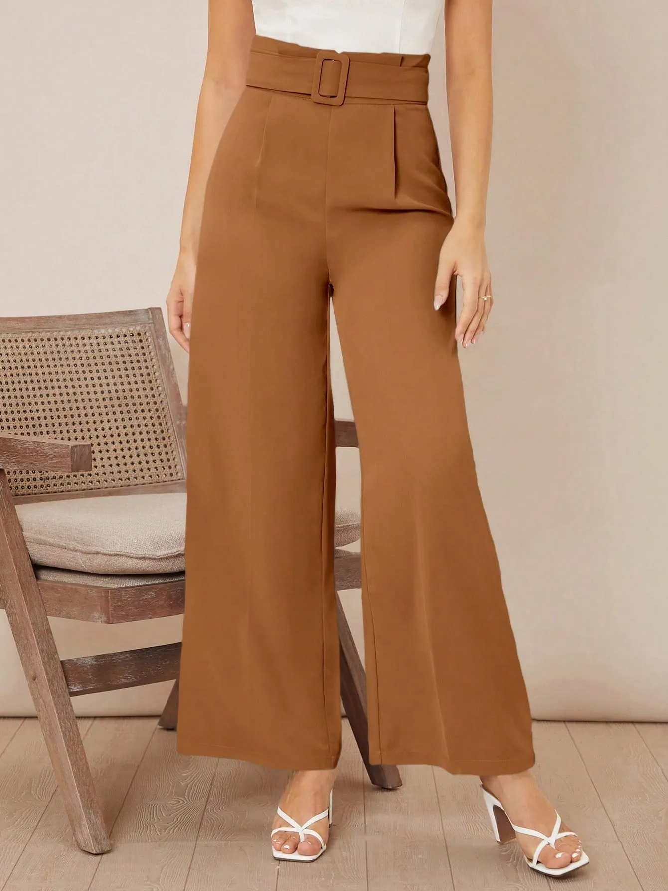 Solid Belted Wide Leg Pants