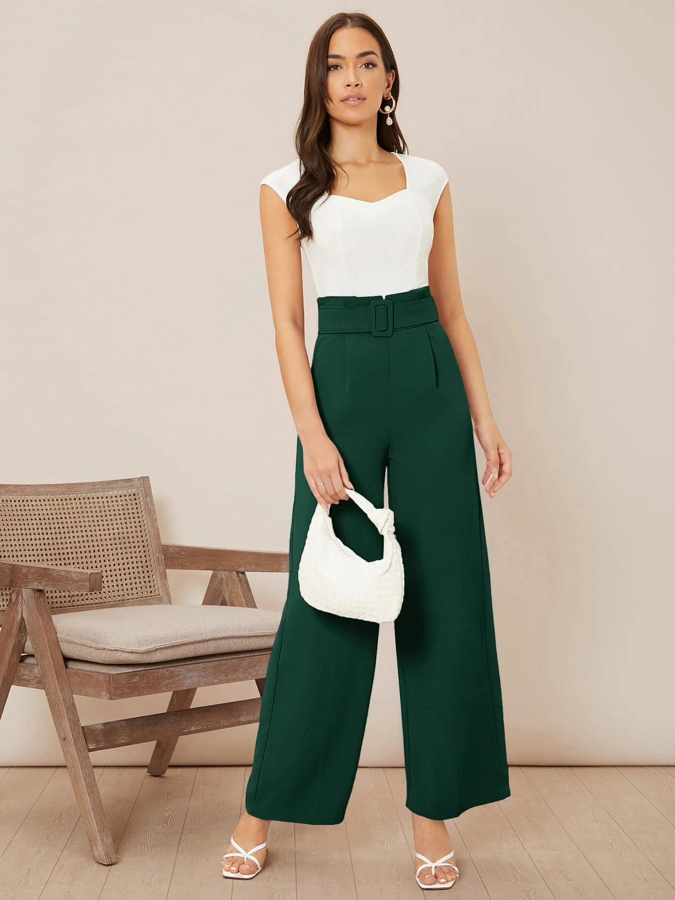 Solid Belted Wide Leg Pants