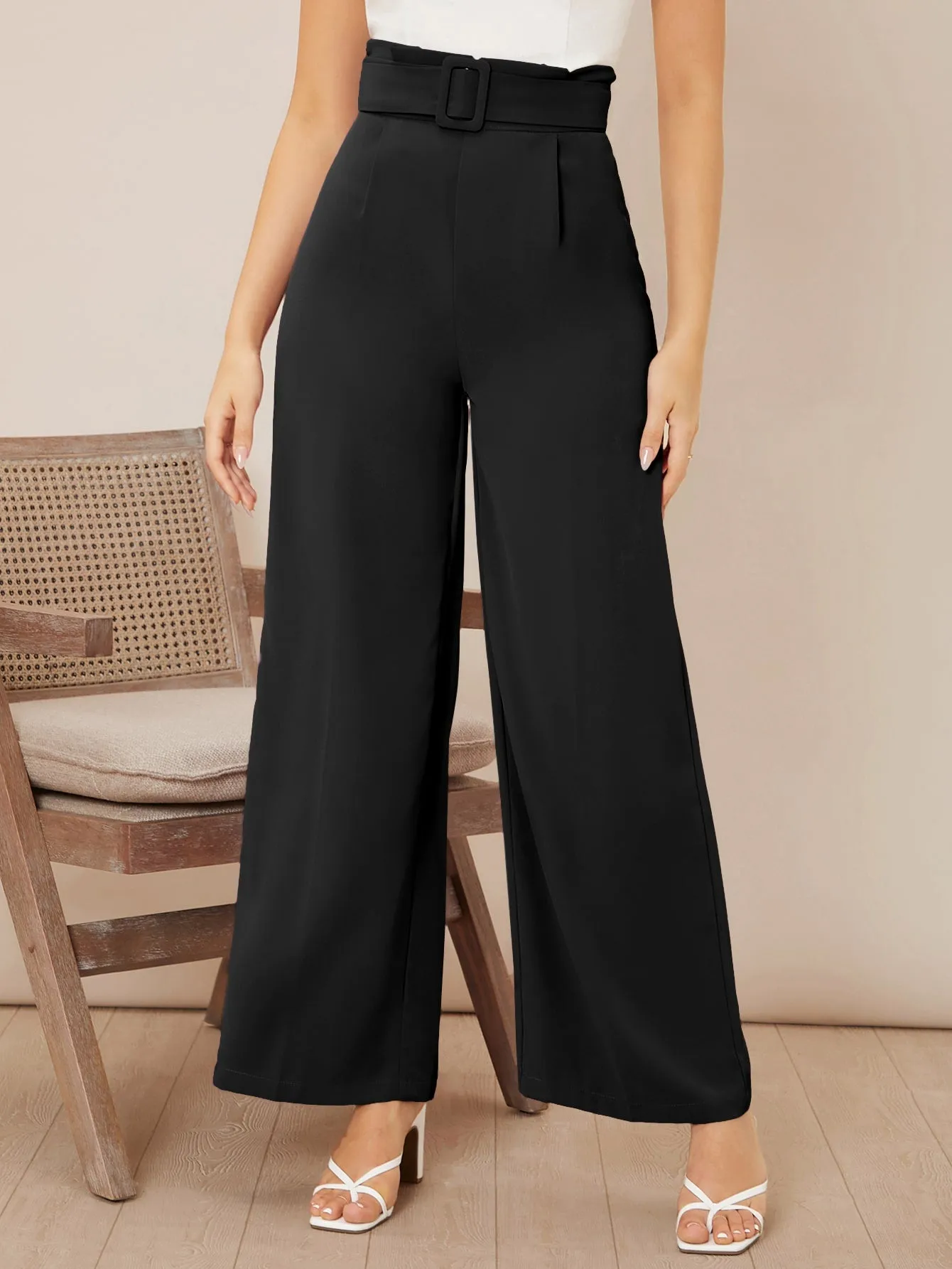 Solid Belted Wide Leg Pants