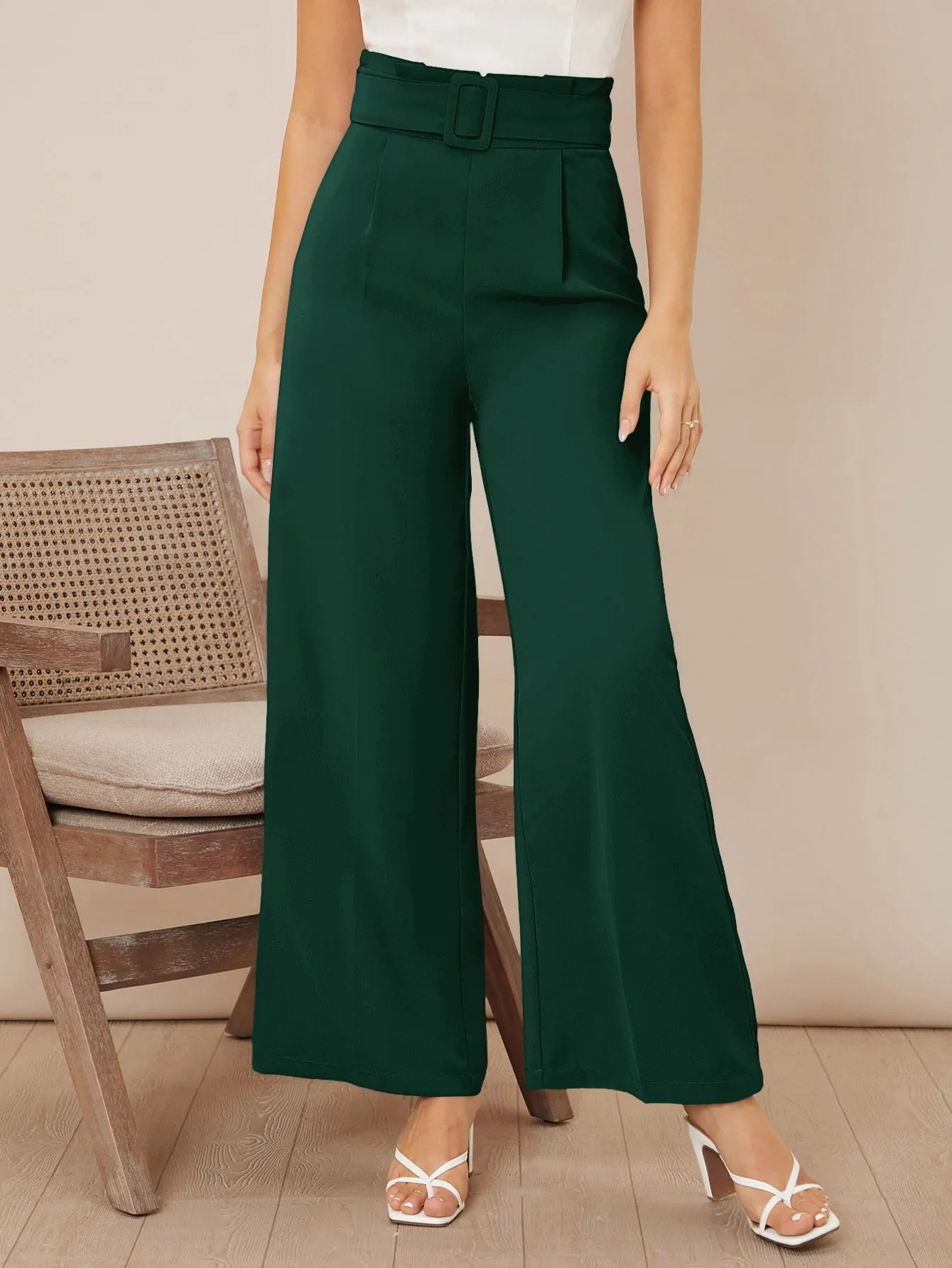 Solid Belted Wide Leg Pants