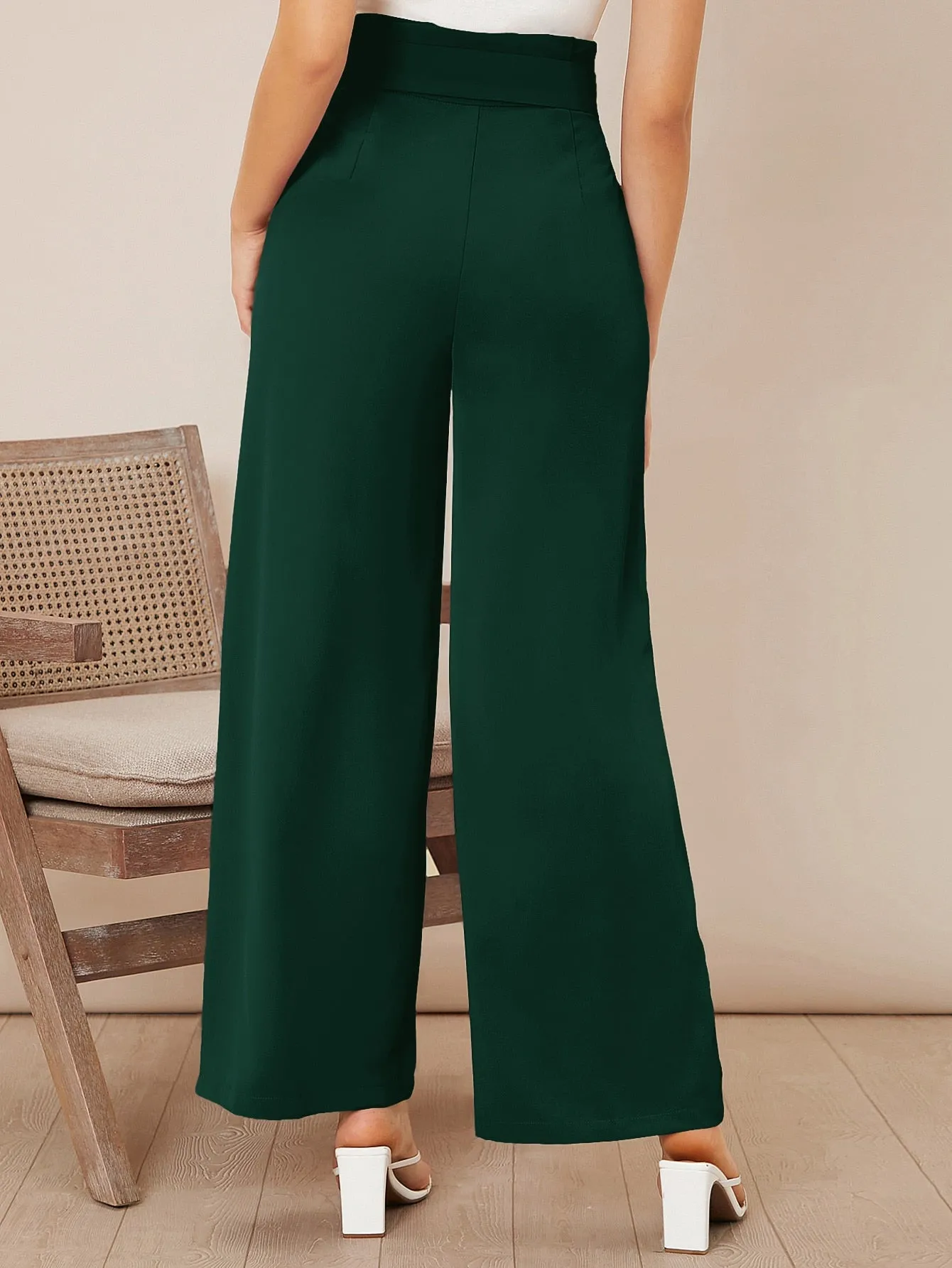 Solid Belted Wide Leg Pants