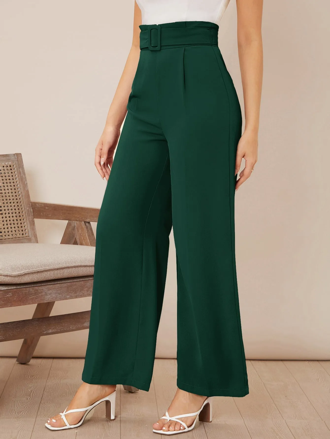 Solid Belted Wide Leg Pants
