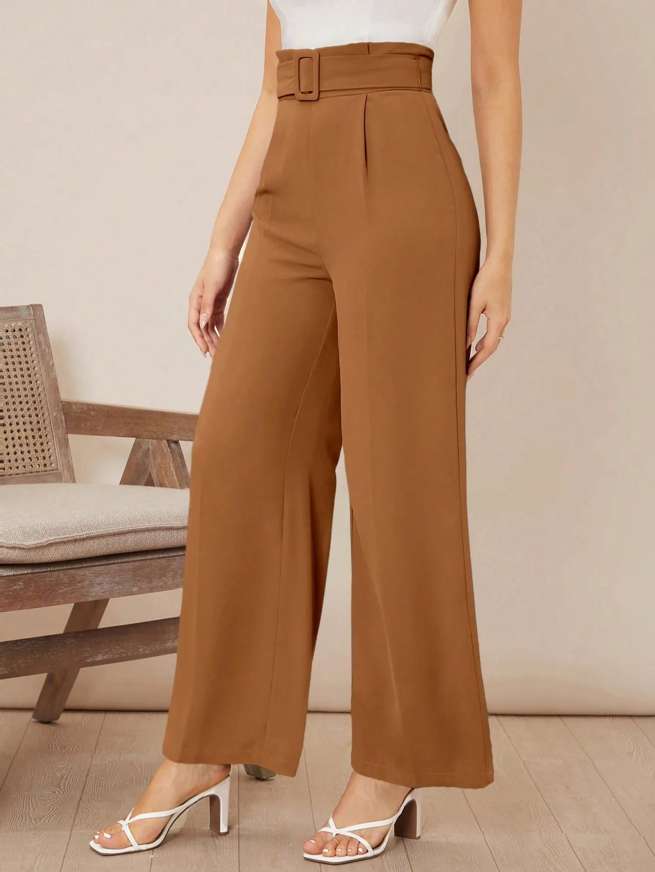 Solid Belted Wide Leg Pants