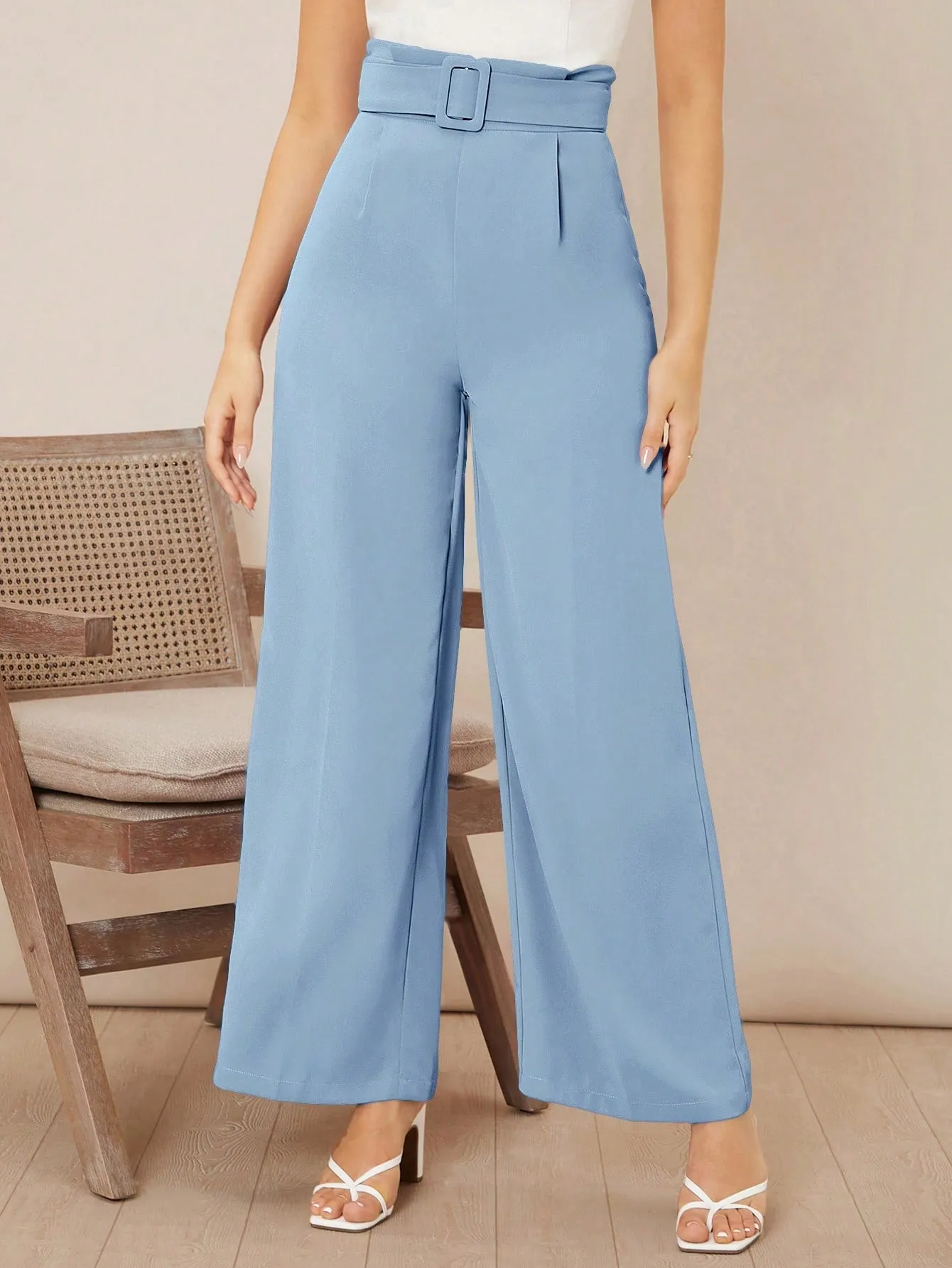 Solid Belted Wide Leg Pants