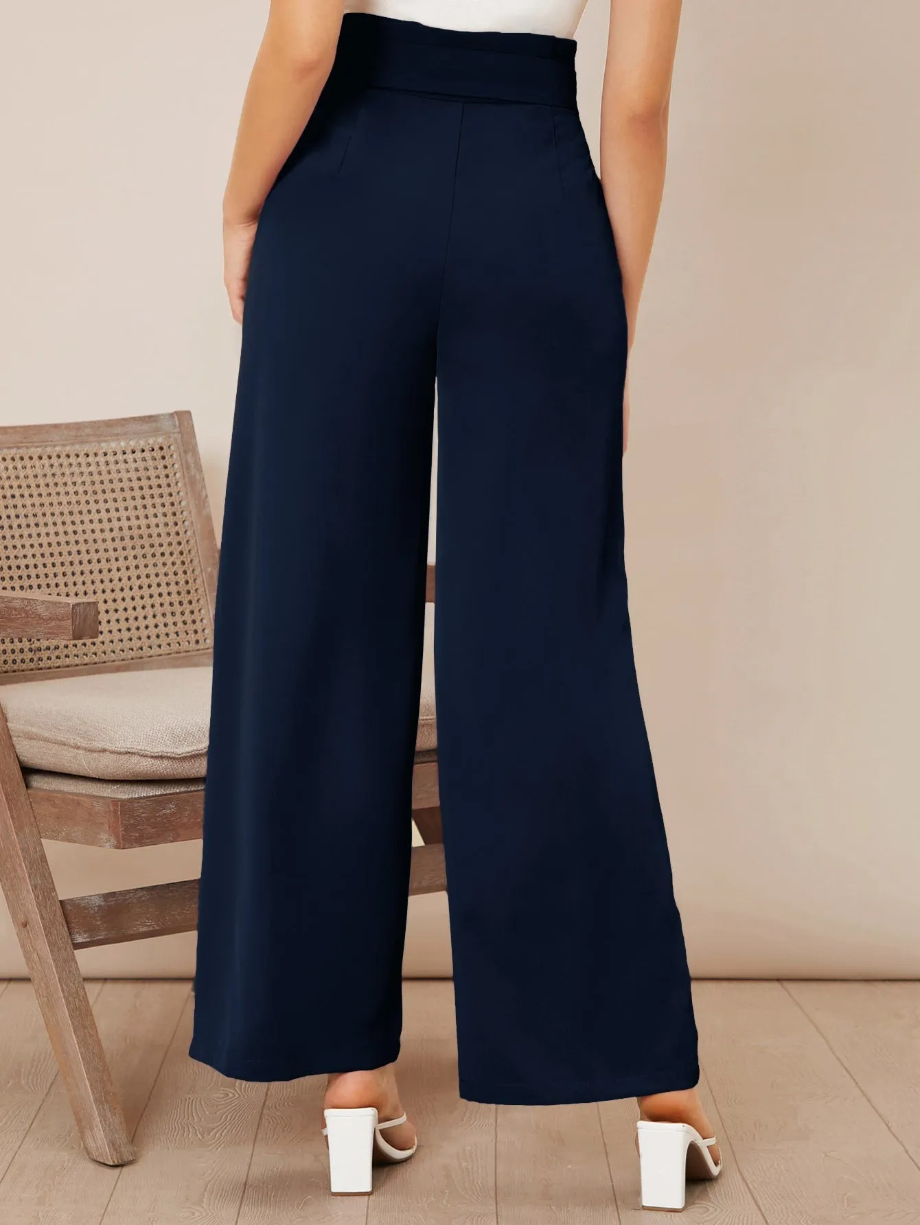 Solid Belted Wide Leg Pants