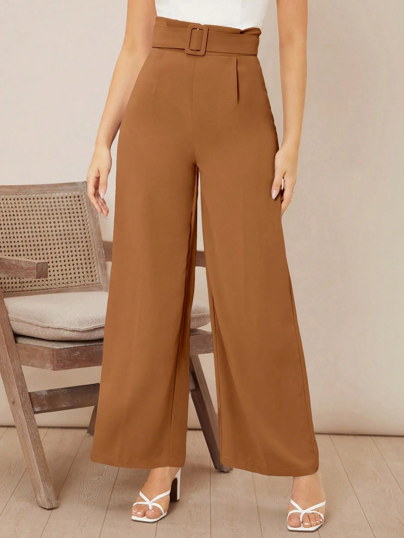 Solid Belted Wide Leg Pants