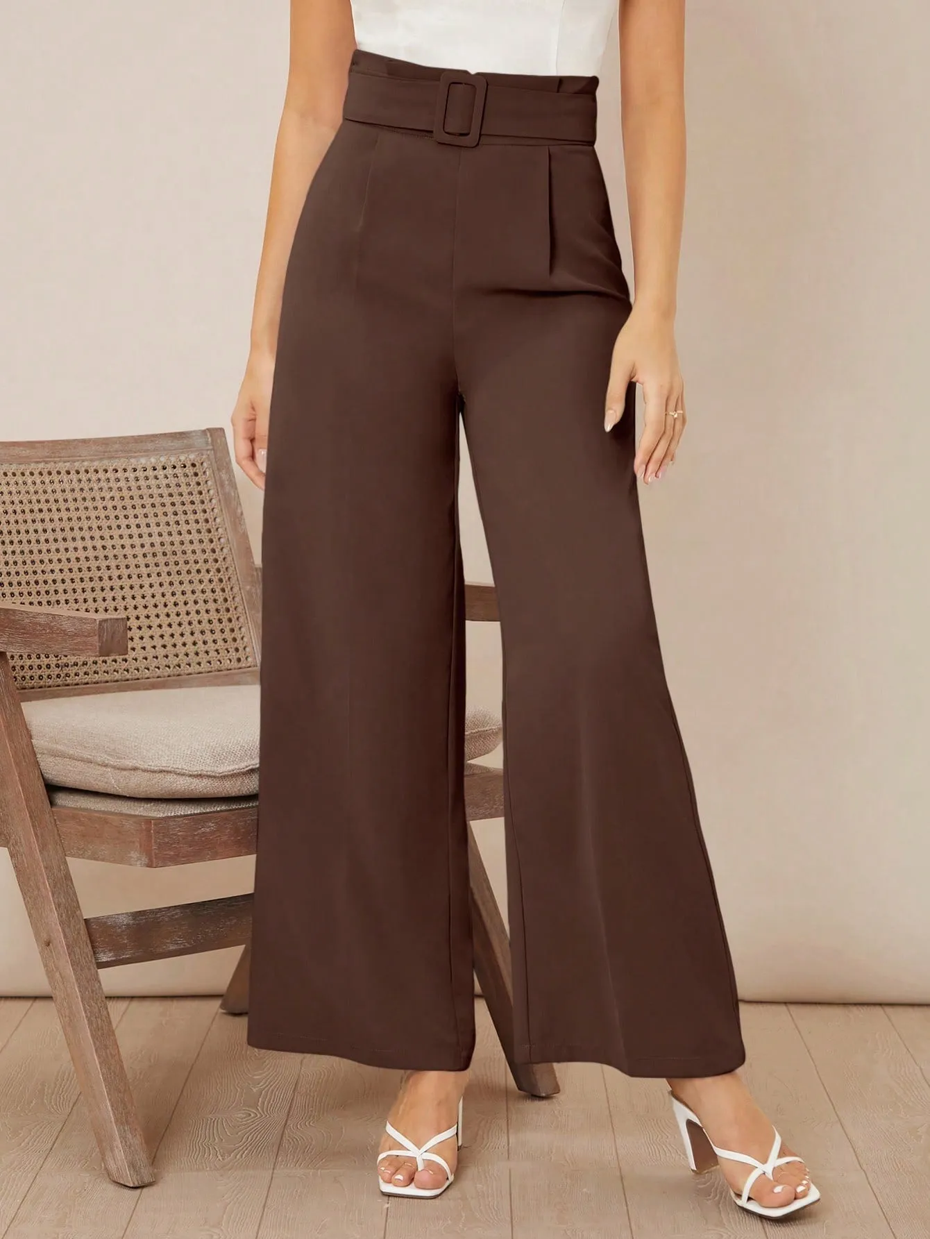 Solid Belted Wide Leg Pants