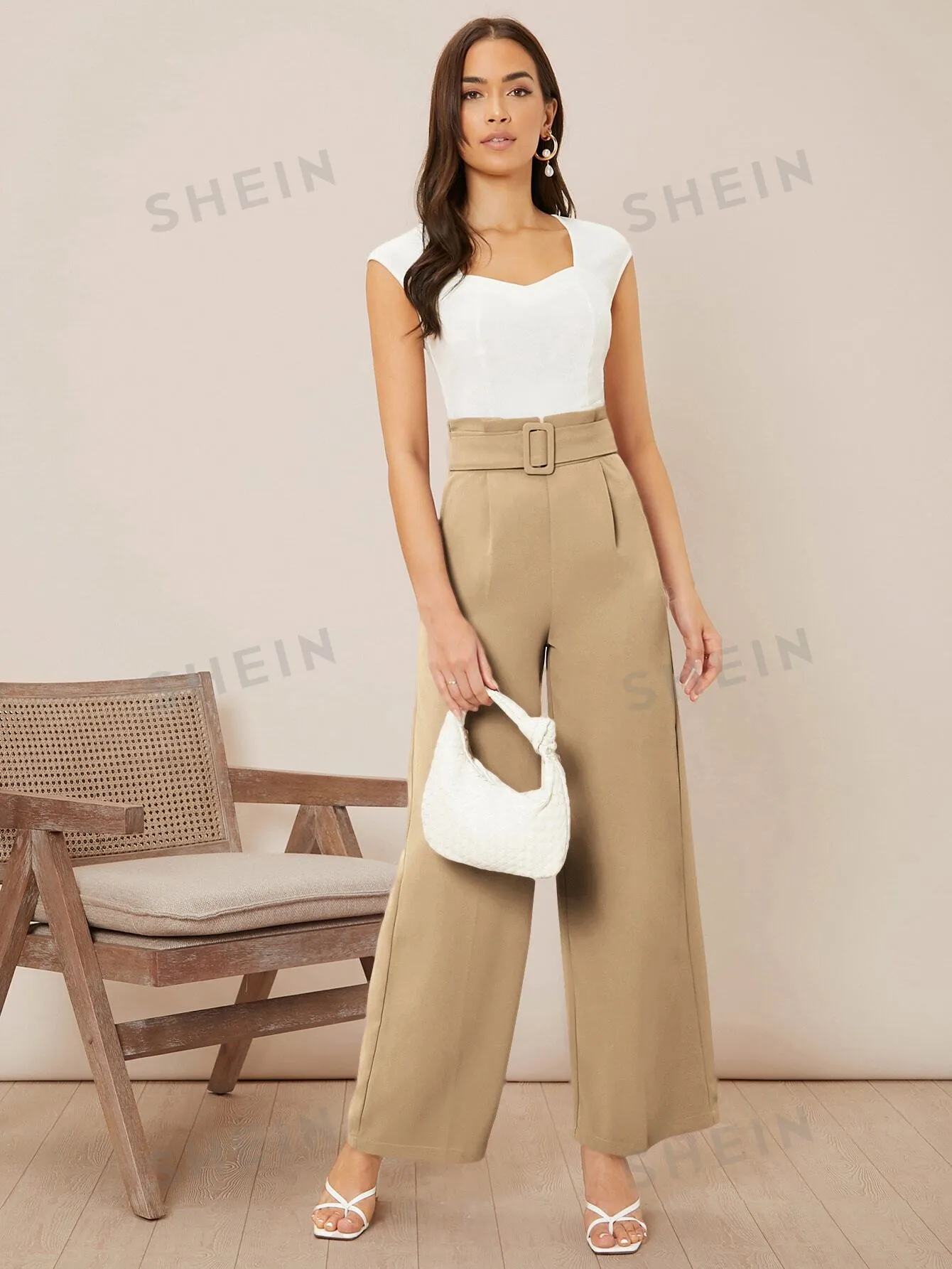Solid Belted Wide Leg Pants