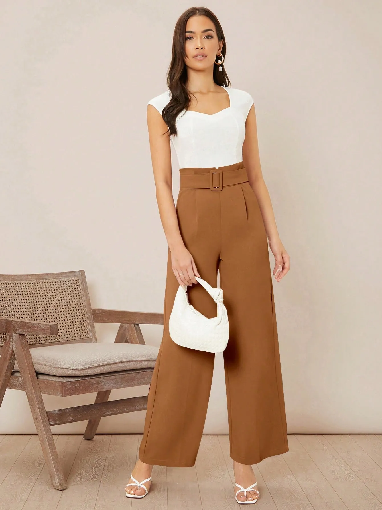 Solid Belted Wide Leg Pants