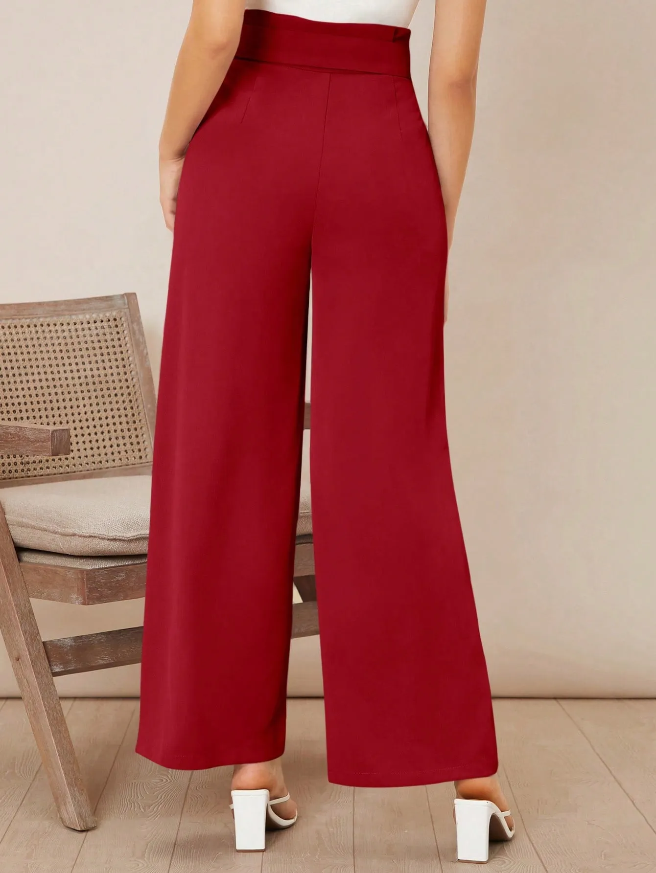 Solid Belted Wide Leg Pants