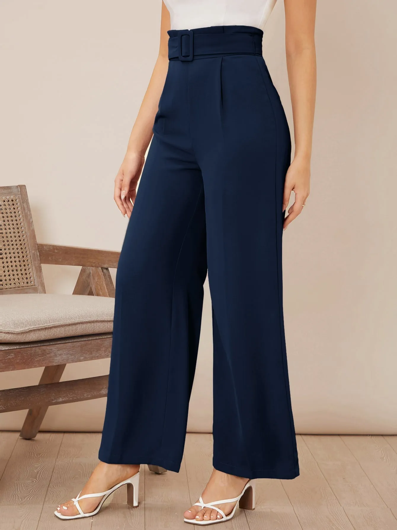 Solid Belted Wide Leg Pants
