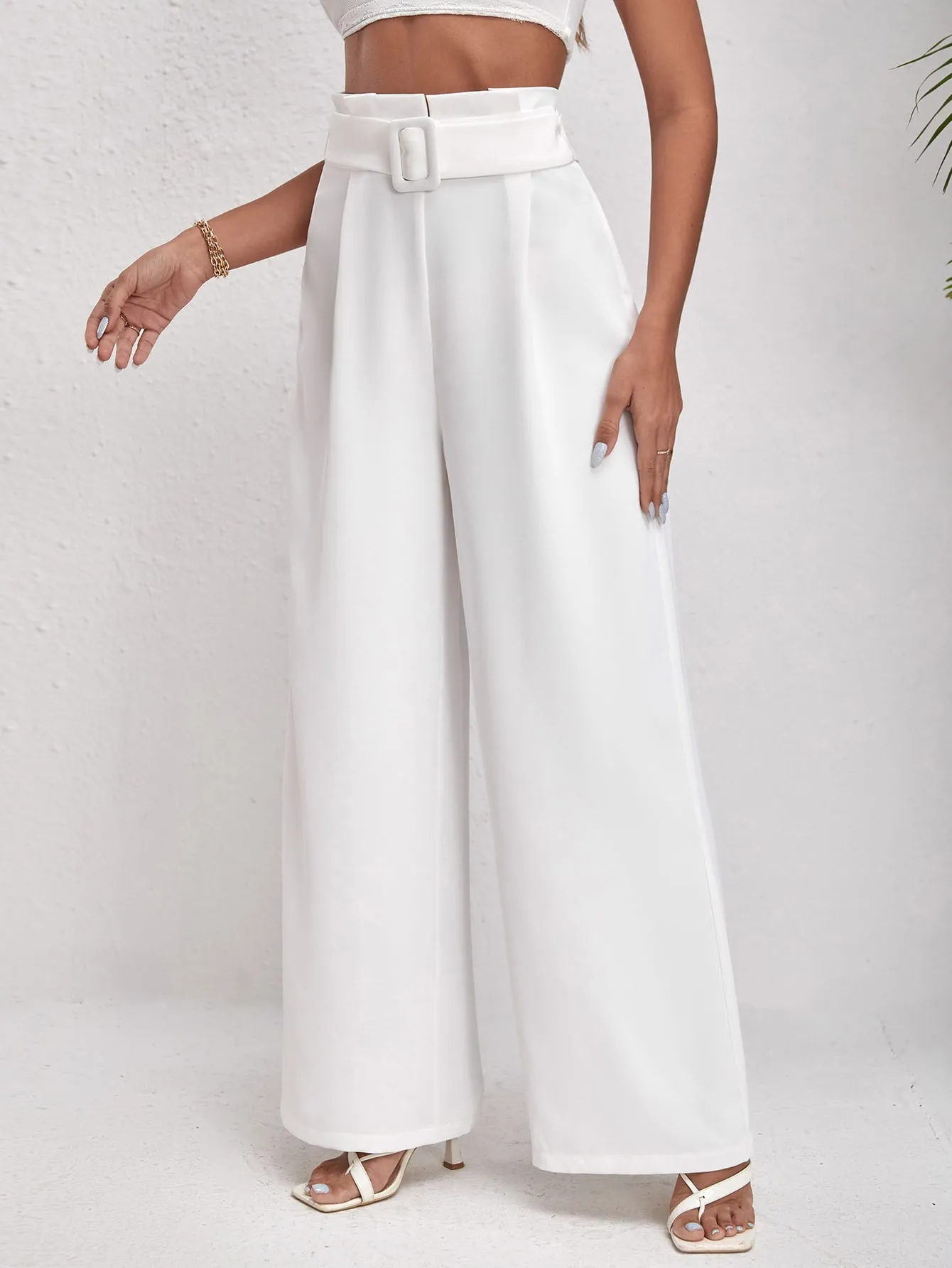 Solid Belted Wide Leg Pants