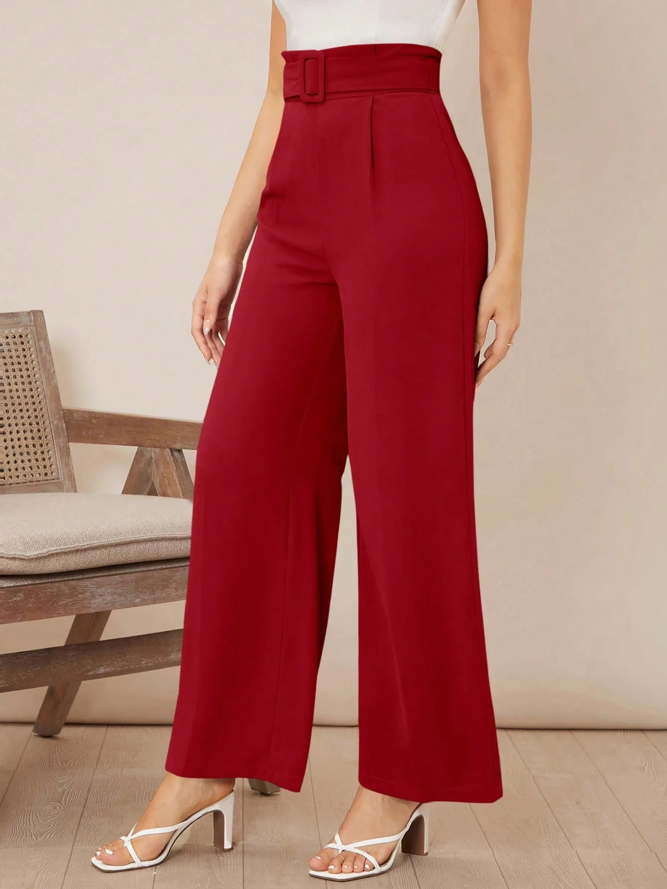 Solid Belted Wide Leg Pants