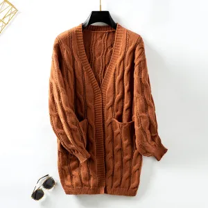 Solid Color Mid-length Cardigan with Vintage Style