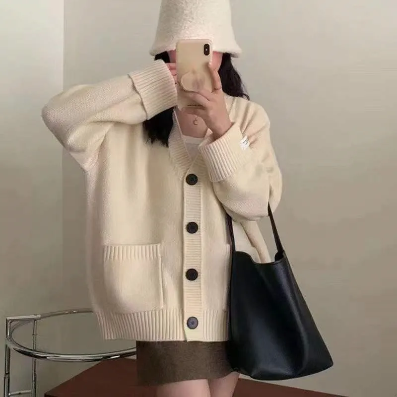 Solid V-neck Knitted Cardigan for a Relaxed Look