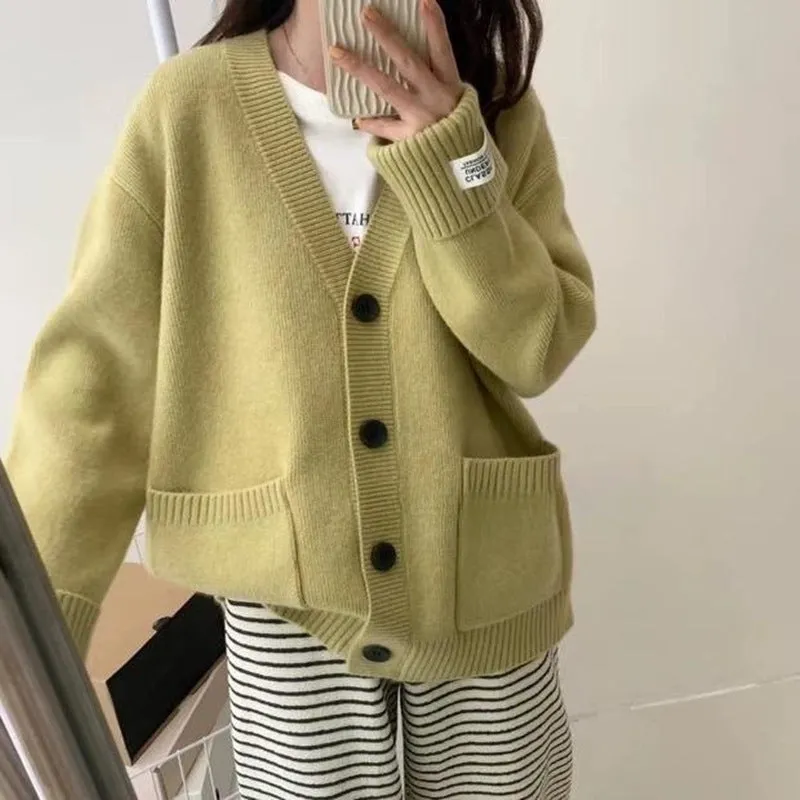 Solid V-neck Knitted Cardigan for a Relaxed Look