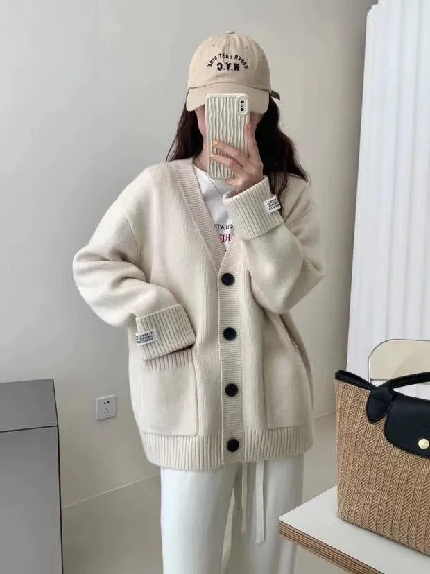 Solid V-neck Knitted Cardigan for a Relaxed Look