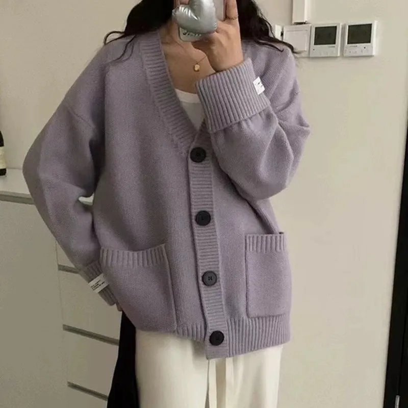Solid V-neck Knitted Cardigan for a Relaxed Look