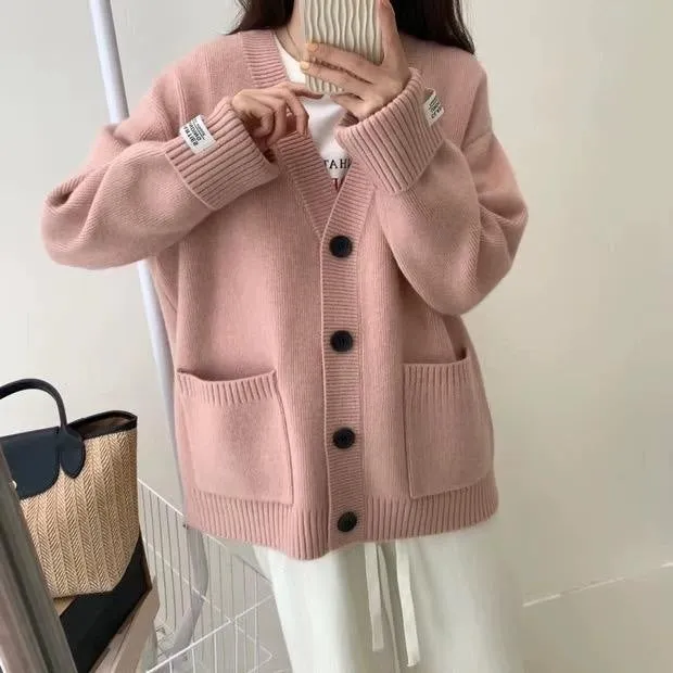 Solid V-neck Knitted Cardigan for a Relaxed Look